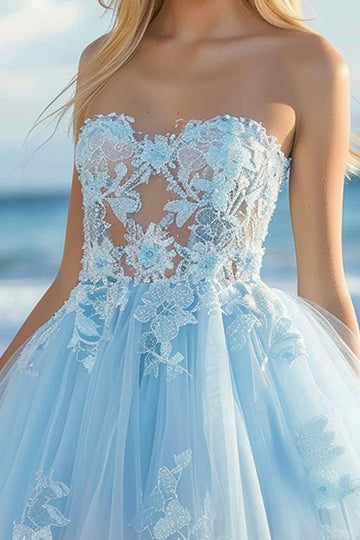 Strapless Tulle Sky Blue Homecoming Dress with Appliques